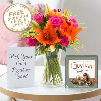 Cheerful Lily & Rose & Free Guylian Chocolates & Card
