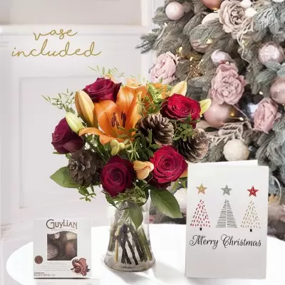 Christmas Lily & Rose, 65g Chocolates, Vase & Christmas Card