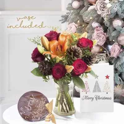 Christmas Lily & Rose, Christmas Chocolate Lollipop, Vase & Christmas Card