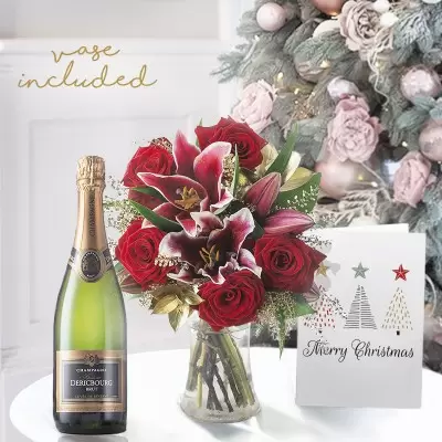 Golden Rose & Lily, Champagne Dericbourg, Vase & Christmas Card