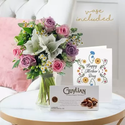 Lilac Lace, Vase, 250g Guylian Chocolates & Mother's Day Card
