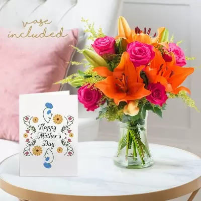 Orange Lily & Rose, Vase & Mother's Day Card