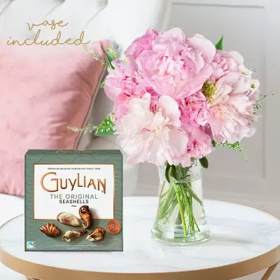Pink Peonies, 250g Guylian Chocolates & Vase