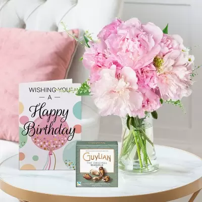 Pink Peonies, 65g Guylian Chocolates & Birthday Card