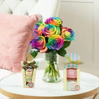 Rainbow Roses, Shower Gel & Body Lotion Set (150ml) and Chocolate Orange & Vanilla Hand Cream (30ml) & Nail File Set