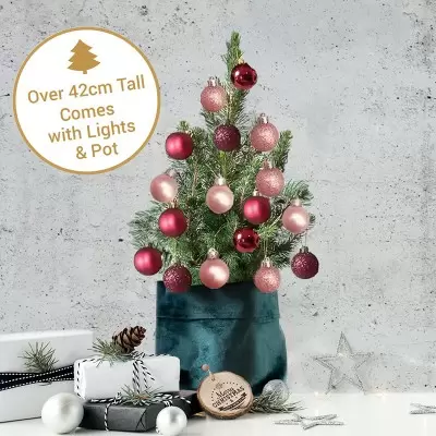 Tiny Christmas Tree with 28 Dark Red & Rose Gold Baubles