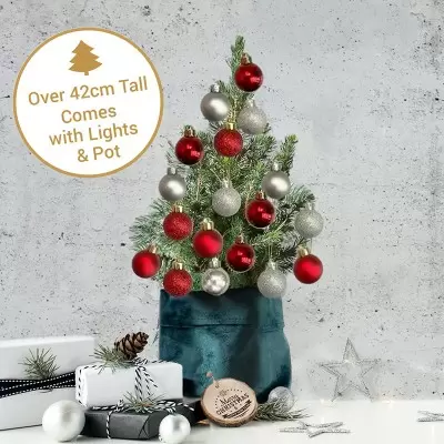 Tiny Christmas Tree with 28 Christmas Red & Silver Baubles