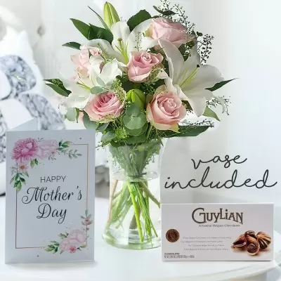 Blush Pink Rose & Lily, Vase, Chocolates & Gift Card