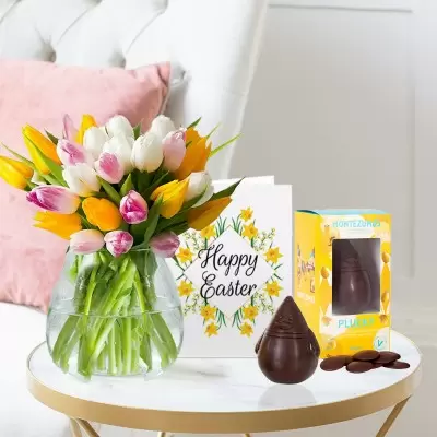 Springtime Tulips, Easter Dark Chocolate Chick & Buttons (100g) & Happy Easter Card