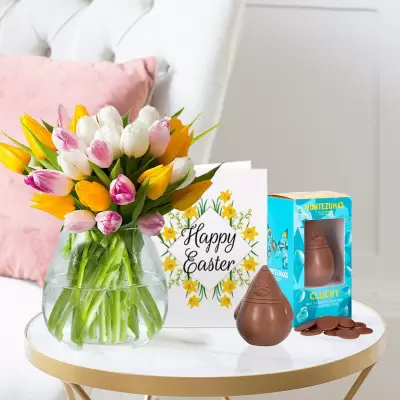Springtime Tulips, Easter Milk Chocolate Chick & Buttons (100g) & Happy Easter Card