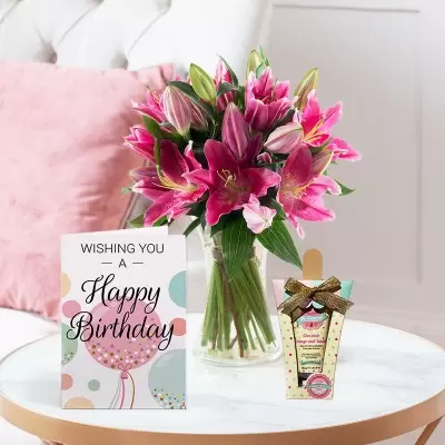 Stargazer Lily Bouquet, Chocolate Orange & Vanilla Hand Cream (30ml) & Nail File Set and Birthday Card