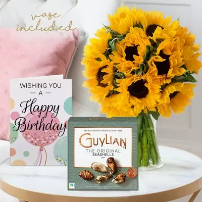 Summer Sunflowers, 250g Guylian Chocolates, Vase & Birthday Card