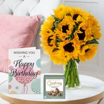 Simply Sunflowers, 65g Guylian Chocolates & Birthday Card