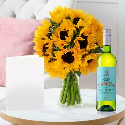 Simply Sunflowers, Clef D'Argent Sauvignon Blanc (75cl) & Card