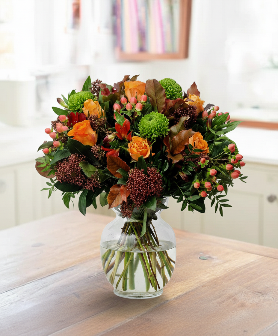 Green & Orange Flower Bouquet - New Year Amber Chrysanthemum & Hypericum - Next Day Flower Delivery UK - Blossoming Gifts