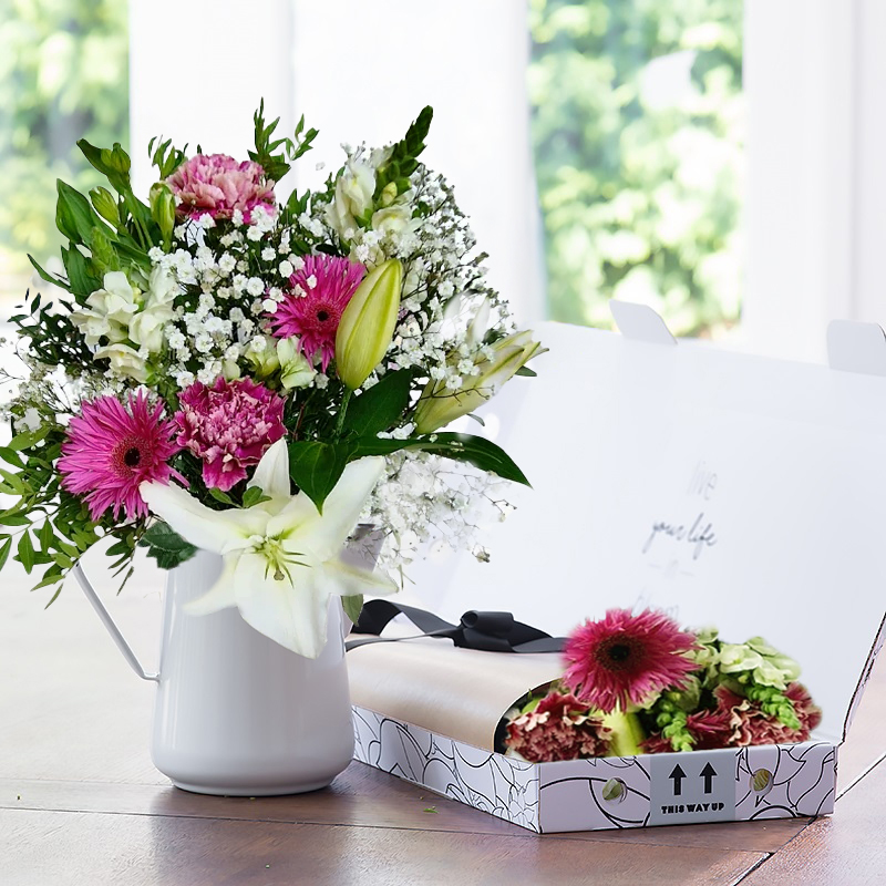 Letterbox Blush | Pink Carnations, Mini Gerbera Daisies & White Lilies | Letterbox Flowers | Next Day Flower Delivery UK | Blossoming Gifts