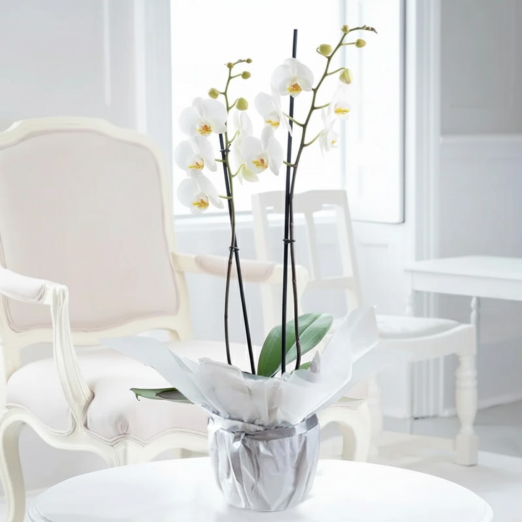 Double Stem White Orchid In Pot image