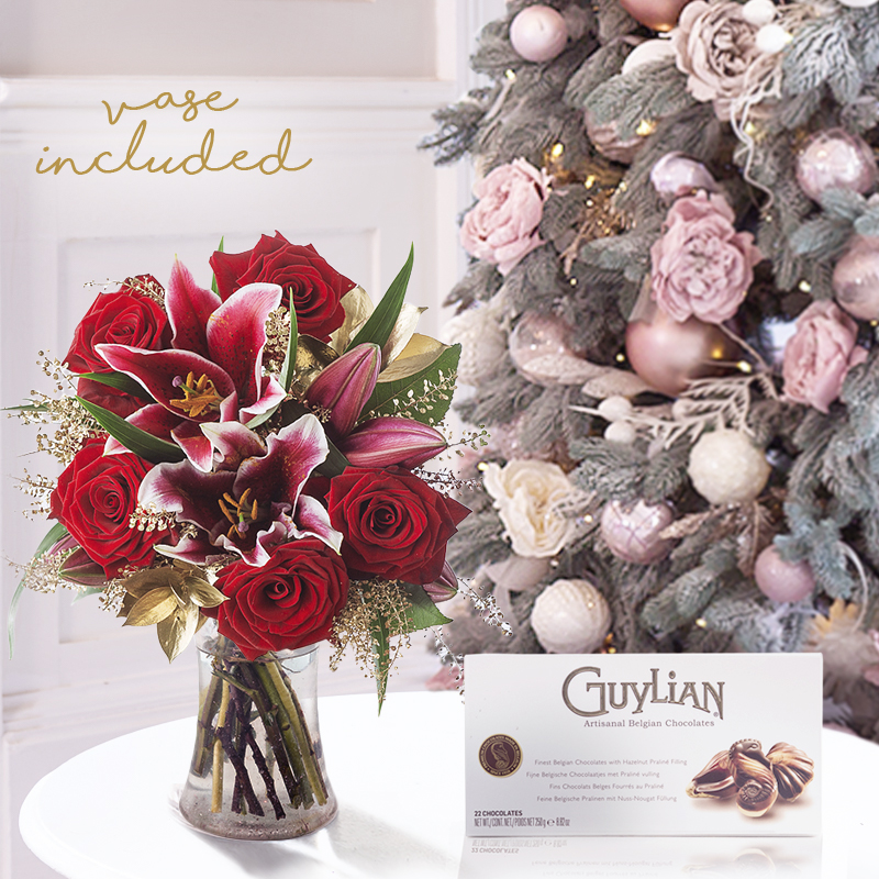Golden Rose & Lily, 250g Chocolates & Vase | Christmas Golden Rose Giftset | Christmas Flowers & Chocolates - Blossoming Gifts