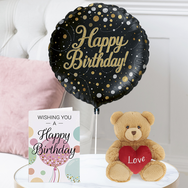 Happy Birthday Black and Gold Balloon, Harry Bear With Heart Brown (20cm) & Happy Birthday Card | Next Day Flowers Delivery - Blossoming Gifts