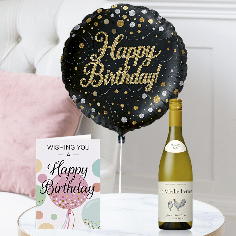 Happy Birthday Black and Gold Balloon, Rosé Chicken Wine & Happy Birthday Card - Next Day Flower & Gift Delivery UK - Blossoming Gifts