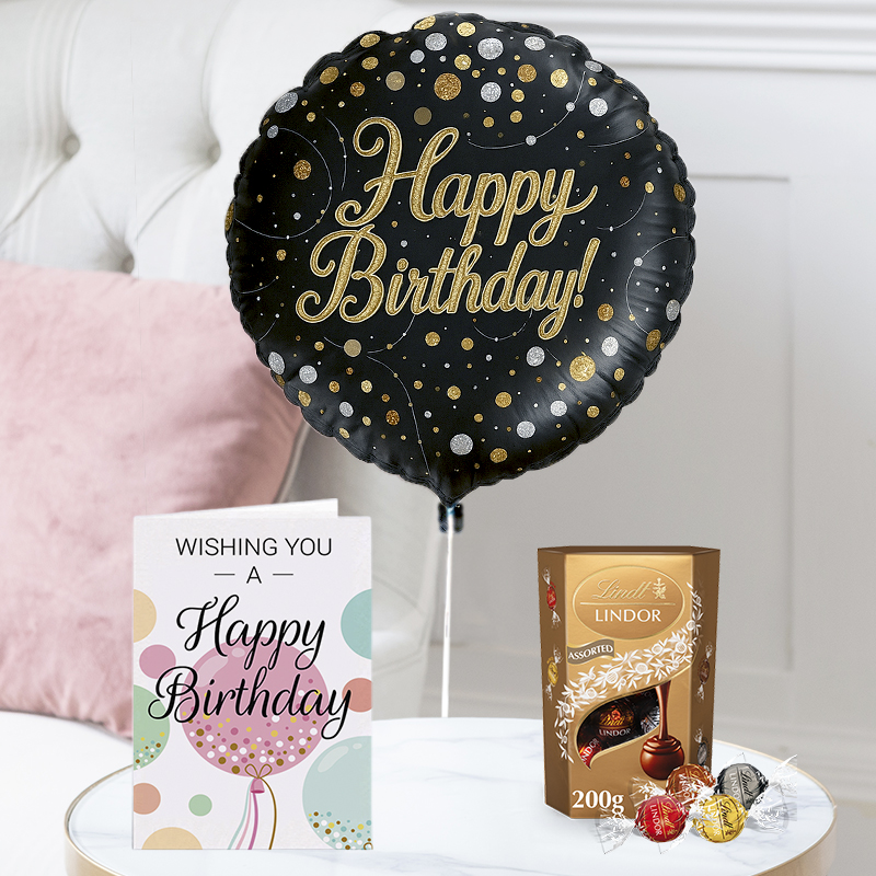 Happy Birthday Black and Gold Balloon, Lindor Truffles & Happy Birthday Card - Next Day Flower & Gift Delivery UK - Blossoming Gifts