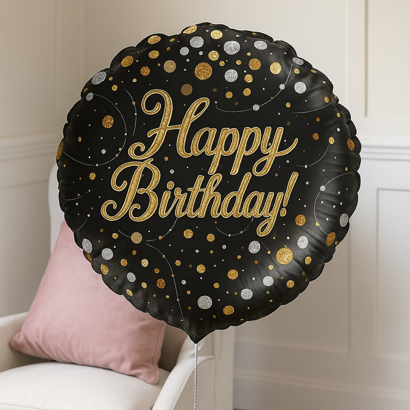 Happy Bithday Black and Gold Balloon | Next Day Delivery | Appleyard London
