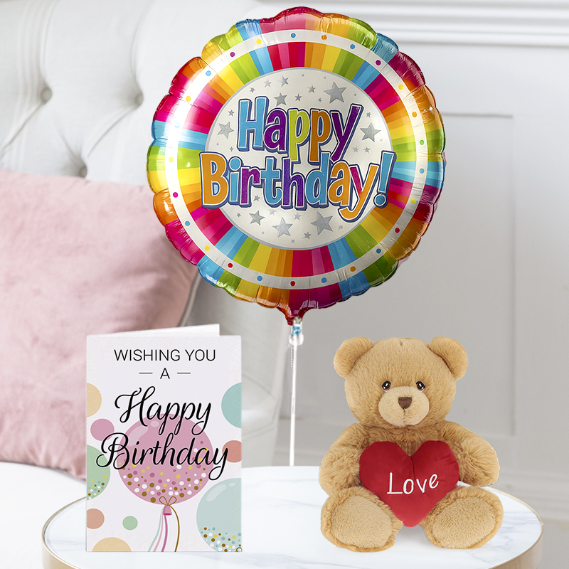 Happy Birthday Colourful Balloon, Harry Bear With Heart Brown & Happy Birthday Card - Next Day Flower & Gift Delivery UK - Blossoming Gifts
