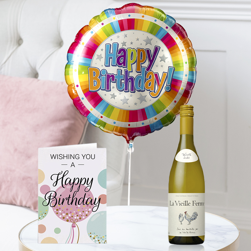 Happy Birthday Colourful Balloon, Rosé Chicken Wine , & Happy Birthday Card - Next Day Flower & Gift Delivery UK - Blossoming Gifts