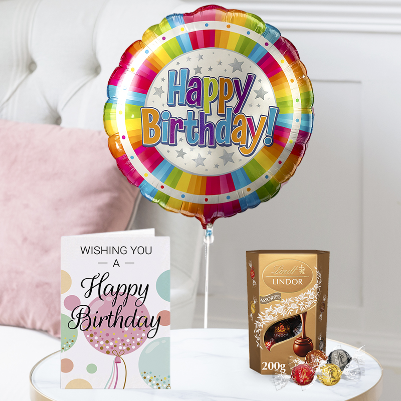 Happy Birthday Colourful Balloon, Lindor Assorted Truffles (200g) & Happy Birthday Card | Next Day Flowers Delivery - Blossoming Gifts