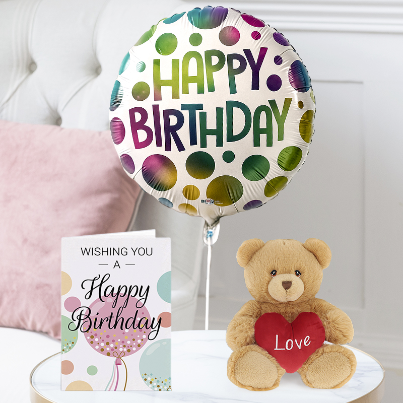Happy Birthday Spotted Balloon, Harry Bear With Heart Brown (20cm) & Happy Birthday Card | Next Day Flowers Delivery - Blossoming Gifts