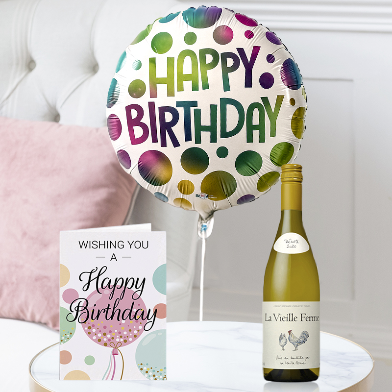 Happy Birthday Spotted Balloon, La Vielle Ferme White (75cl) & Happy Birthday Card | Next Day Flowers Delivery - Blossoming Gifts
