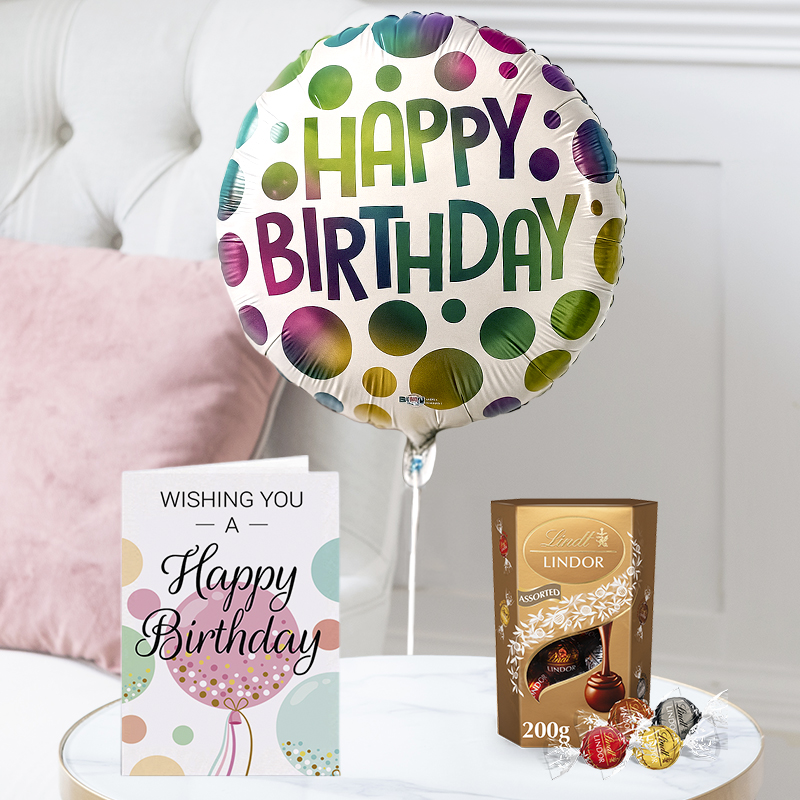 Happy Birthday Spotted Balloon, Lindor Assorted Truffles (200g) & Happy Birthday Card | Next Day Flowers Delivery - Blossoming Gifts