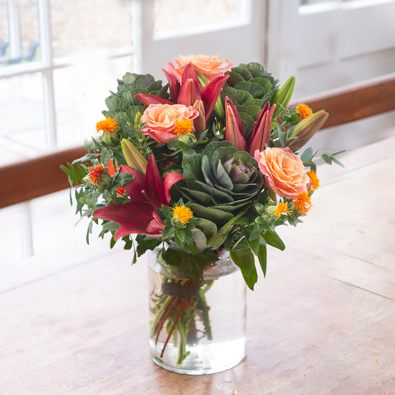 Harvest Festival | Orange Roses, Purple Brassica & Red Lilies | Autumn Flowers | Flower Delivery UK - Blossoming Gifts