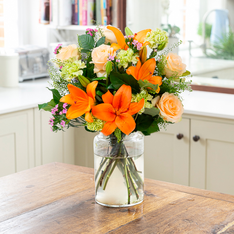 Coral Charm | Peach Roses, Orange Lilies & Pink Sweet Williams | Orange Flowers | Next Day Flower Delivery - Blossoming Gifts
