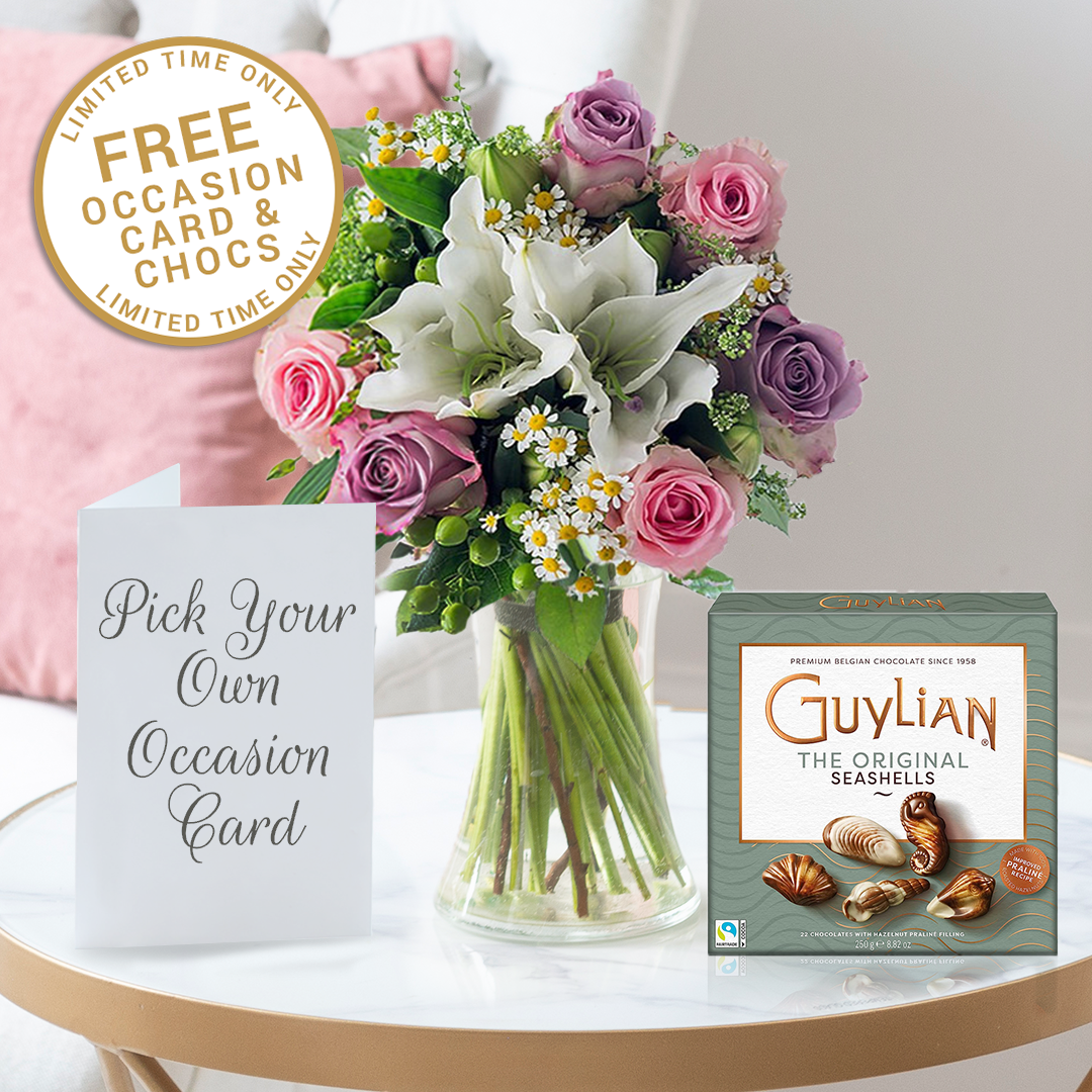 White Lilies & Lilac Roses Bouquet with Chocolates & Card | 100% Happiness Gift Set | Next Day Flowers Delivery - Blossoming Gifts
