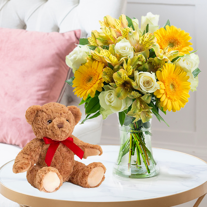 White Roses & Yellow Germini Bouquet with Prosecco | Romantic Gift | Next Day Flowers Delivery - Blossoming Gifts
