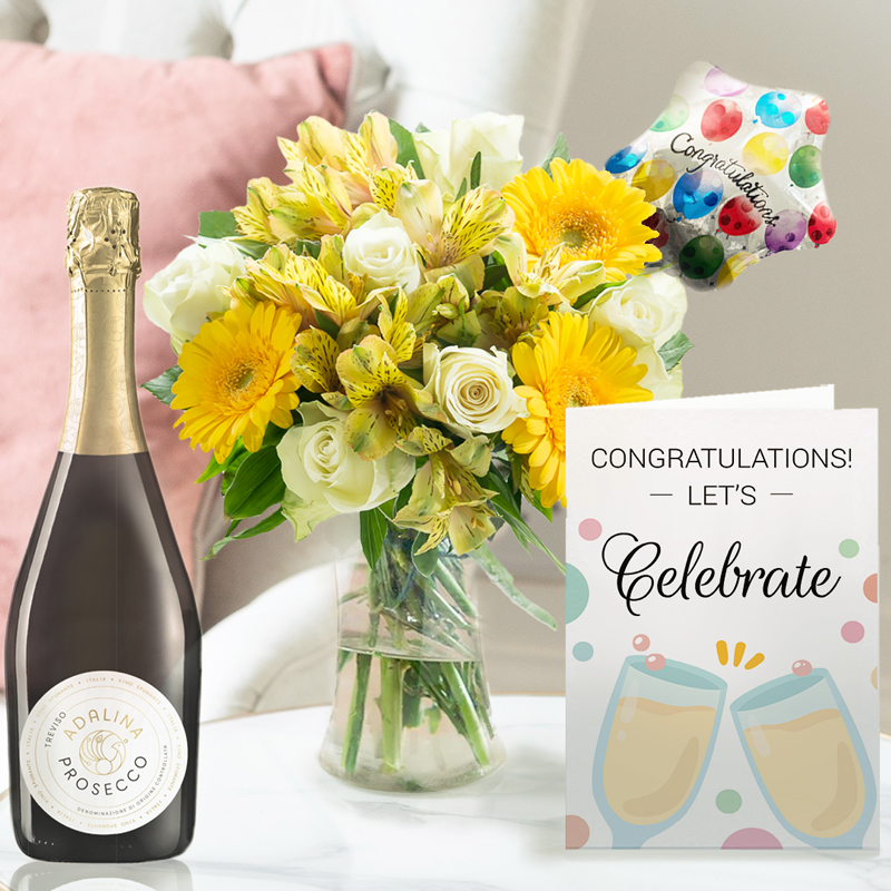 White Roses & Yellow Germini Bouquet with Prosecco | Romantic Gift | Next Day Flowers Delivery - Blossoming Gifts