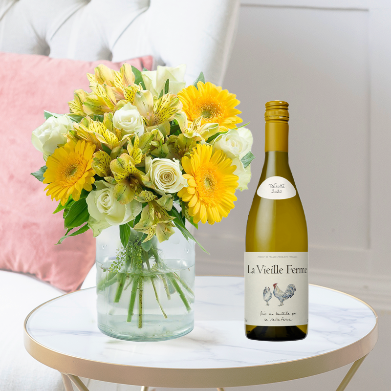 White Roses & Yellow Germini Bouquet with La Vielle Ferme | Flowers & Wine Gift | Next Day Flowers Delivery - Blossoming Gifts