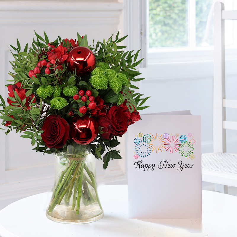 Flower Bouquet Gift Set - Merry Berry, Vase & New Year Card - Green & Red Carnations & Lilies - Next Day Flower & Gift Delivery UK - Blossoming Gifts
