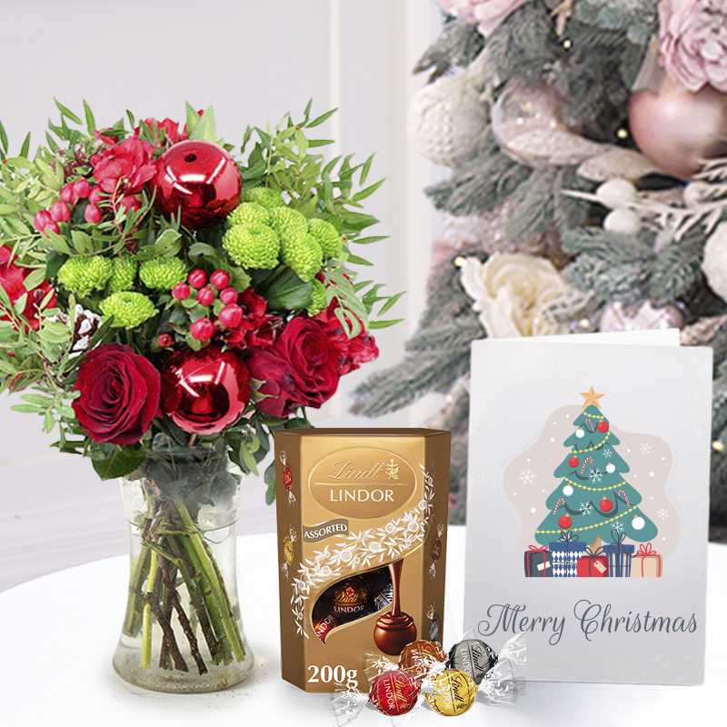 Christmas Festive Flower Bouquet Gift Set - Berry Blush, Lindor Truffles & Card - Green & Red Carnations & Lilies - Christmas Flower & Gift Delivery