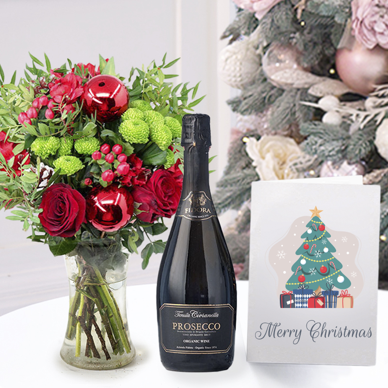 Christmas Festive Flower Bouquet Gift Set - Berry Blush, Prosecco & Card - Green & Red Carnations & Lilies - Christmas Flower & Gift Delivery UK -