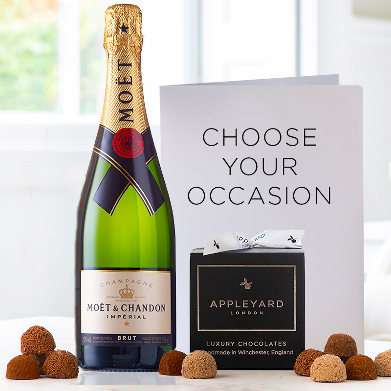 Moët & Chandon Champagne, Chocolate Truffles & Occasion Card | Luxury Alcohol & Chocolates Gifts | Gifts Delivered by Appleyard London