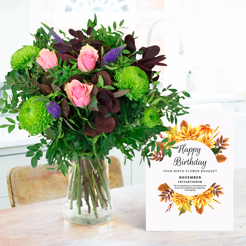 Birthday Flower Bouquet Gift Set - November Birthday Bouquet Gift Set - Green & Pink - Next Day Flower & Gift Delivery UK - Blossoming Gifts