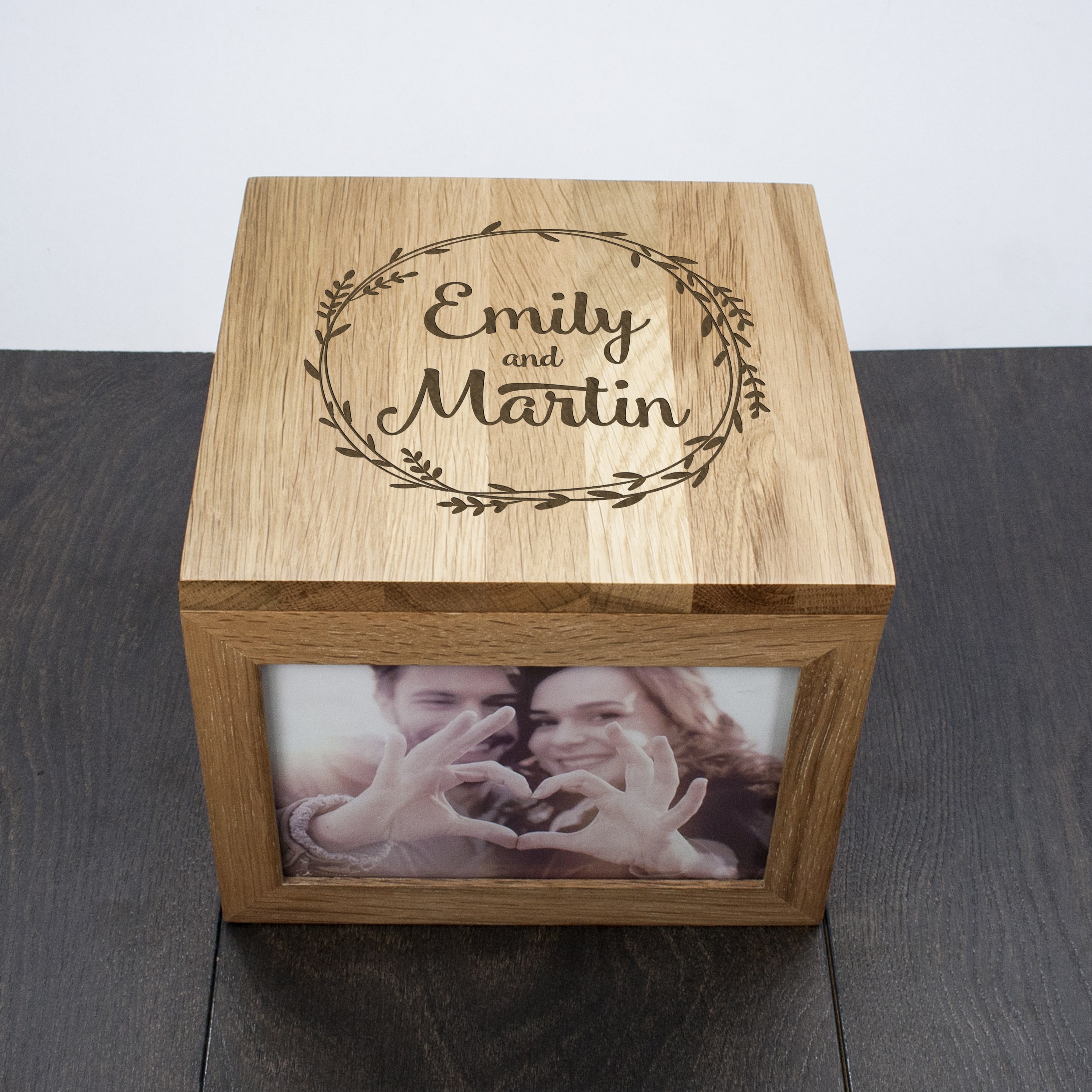Couple's Oak Photo Keepsake Box with Wreath Design