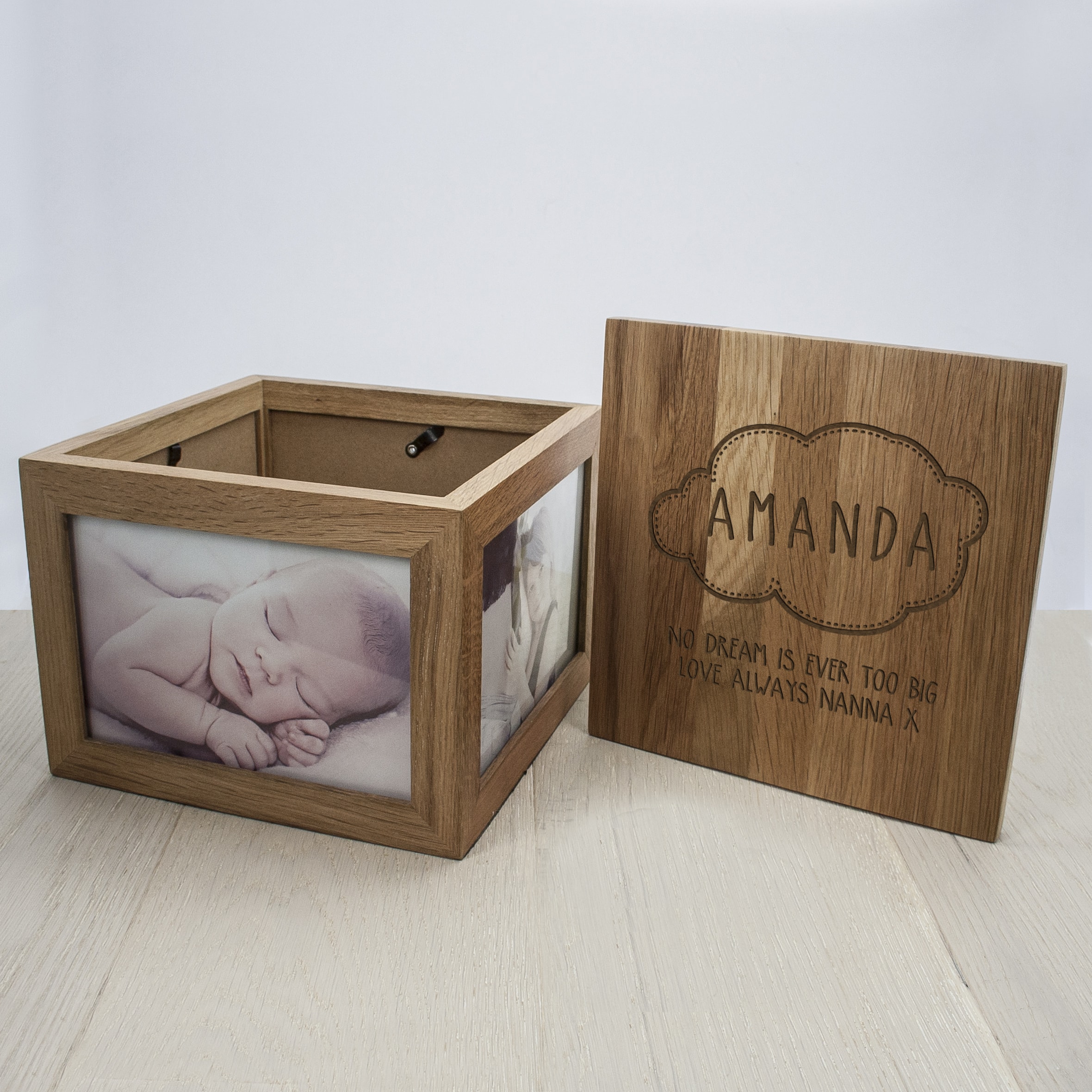 Baby Name in a Cloud Oak Photo Keepsake Box