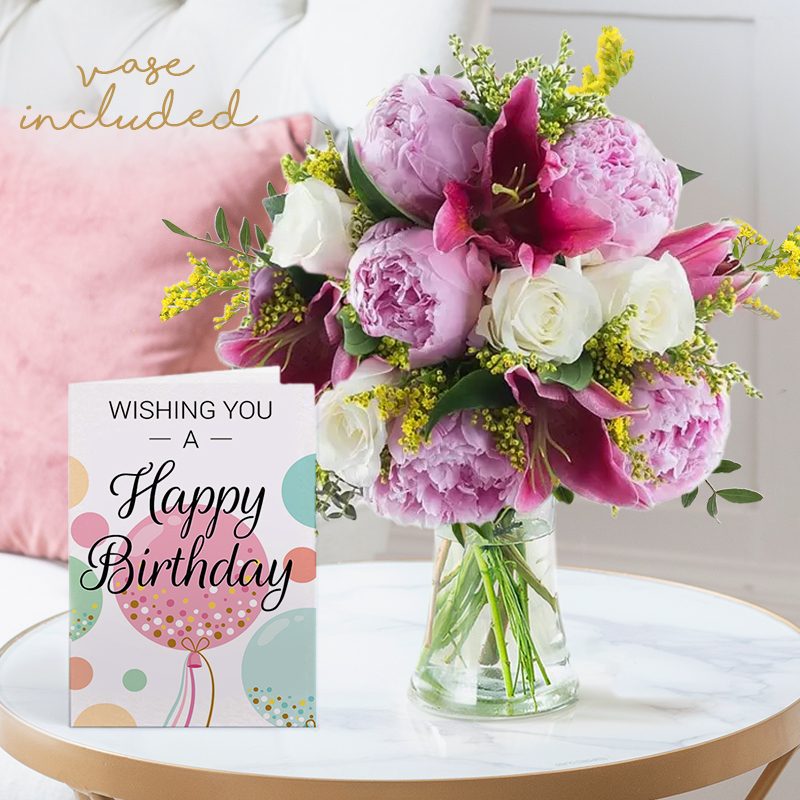 Peony, Rose & Lily Bouquet, Vase & Birthday Card | Send Sunshine to Their Door | Next Day Flower Delivery UK - Blossoming Gifts