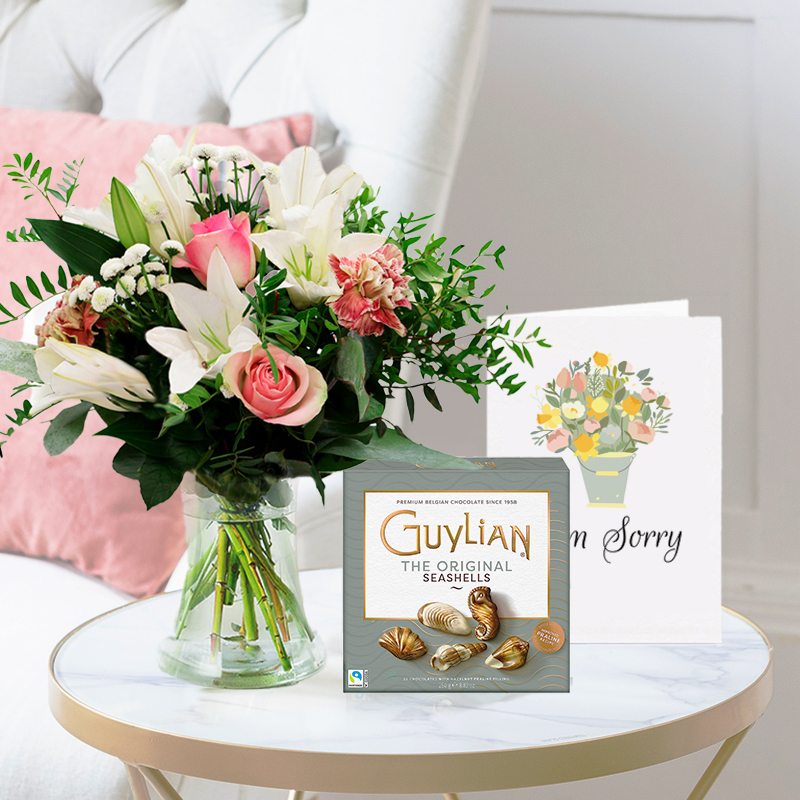 White Lilies & Pink Roses | Guylian Chocolates & I'm Sorry Card | Next Day Flower Delivery UK - Blossoming Gifts