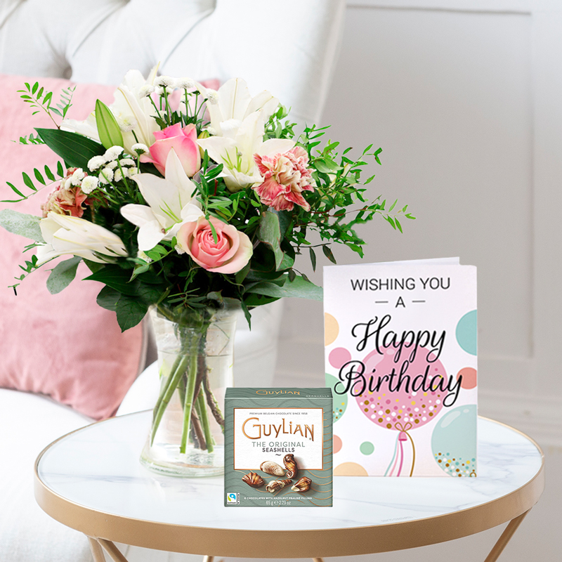 Pink Rose & White Lily Bouquet | Birthday Flowers | Next Day Flower Delivery UK - Blossoming Gifts