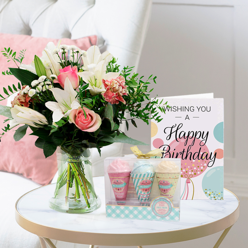 Pink Rose & White Lily Bouquet | Bath Fizzer Set & Happy Birthday Card | Birthday Flowers | Next Day Flower Delivery UK - Blossoming Gifts