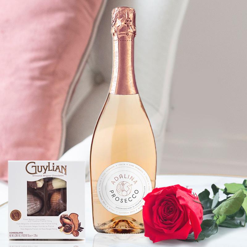 Preserved Rose, Adalina Rosé Prosecco & 65g Guylian Chocolates | Valentine's Flowers & Gifts | Flowers Delivery - Blossoming Gifts